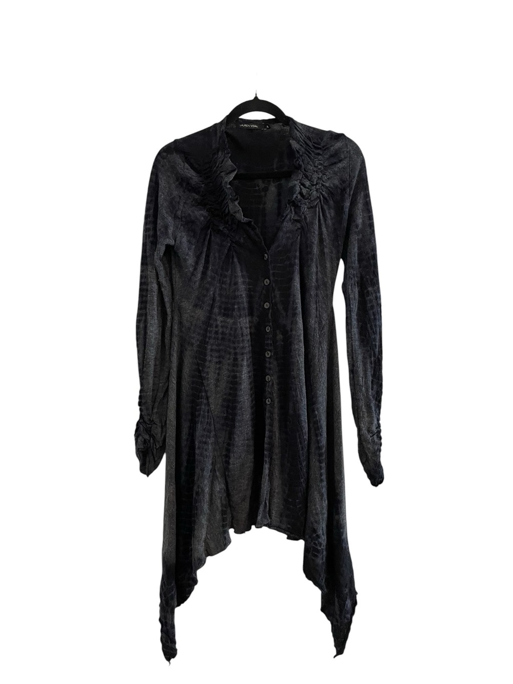 LAUREN VIDAL Black Gray Draped Button Front Asymmetrical Hem Cardigan Size Large